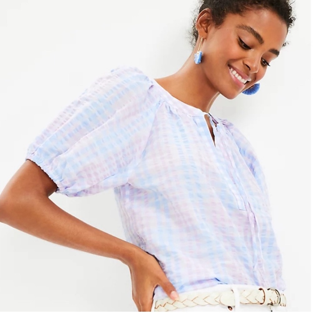LOFT Pastel Tie Neck Pastel Striped Gingham Plaid Puff Sleeve Top Size XS - Picture 3 of 9